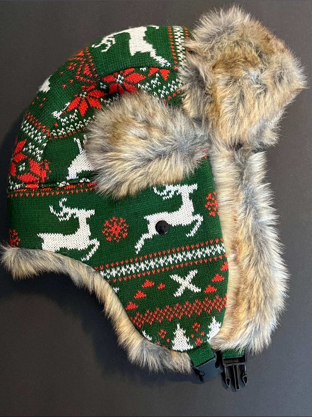 Kids Winter Trapper Hat with Faux Fur - Green Reindeer Pattern